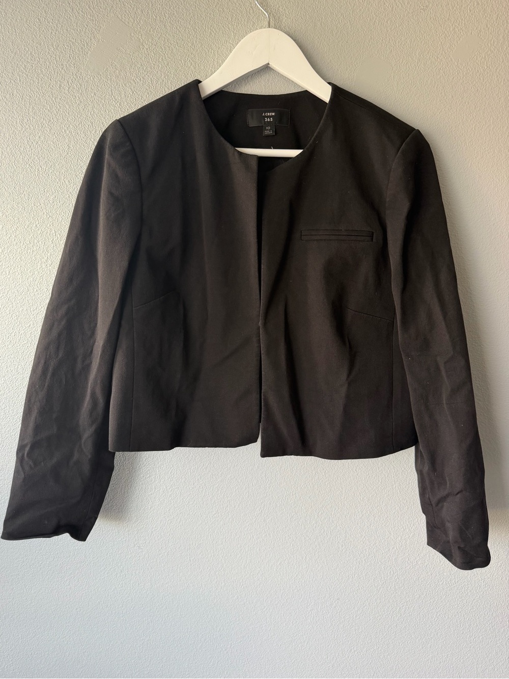 J Crew black 365 hook and eye closure cropped jacket Women’s size 10